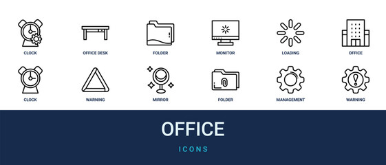 Naklejka premium Set of 12 outline web Office icons such as warning, management, folder, mirror, warning, clock, office building vector icons for report, presentation, diagram, web design, mobile app