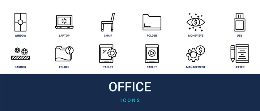 Set of 12 outline web Office icons such as letter, management, tablet, tablet, folder, barrier, usb vector icons for report, presentation, diagram, web design, mobile app