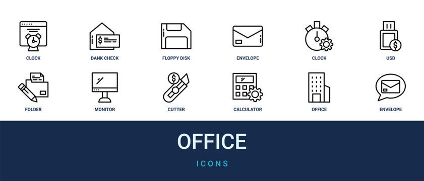 Set of 12 outline web Office icons such as envelope, office building, calculator, cutter, monitor, folder, usb vector icons for report, presentation, diagram, web design, mobile app