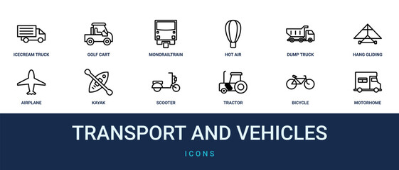 Set of 12 outline web Transport and Vehicles icons such as motorhome, bicycle, tractor, scooter, kayak, airplane, hang gliding vector icons for report, presentation, diagram, web design, mobile app © Felix