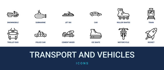 Set of 12 outline web Transport and Vehicles icons such as rocket, motorcycle, ice skate shoes, cement mixer, police car, trolley bus, train vector icons for report, presentation, diagram, web © Felix