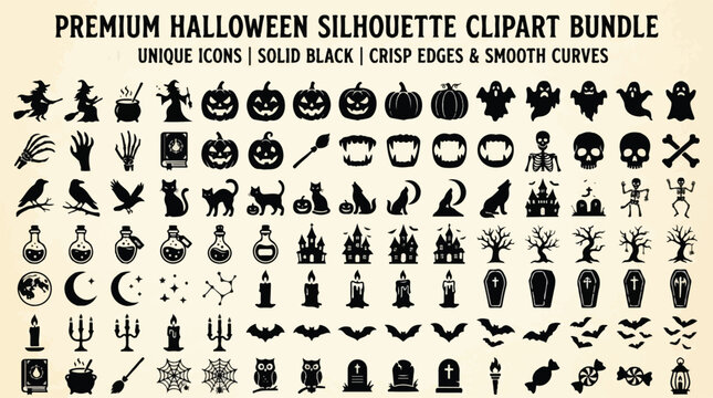 A comprehensive vector bundle of premium solid black Halloween silhouette icons, including pumpkins, witches, ghosts, and bats, arranged neatly on a warm beige background.