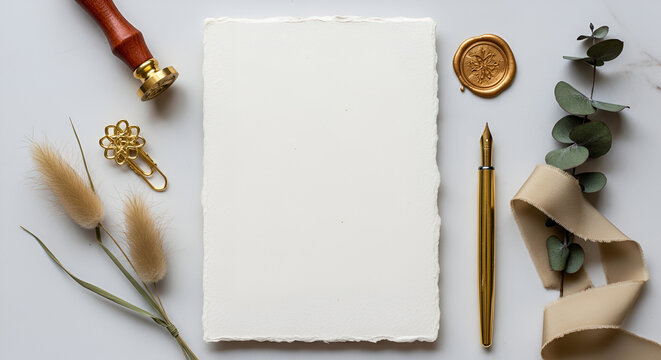 Vintage stationery flat lay with wax seal, quill pen, and dried flowers, blank paper