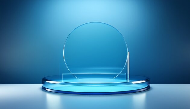 Minimalist D Display Stand Mockup With Blue Round Platform And Glass Circle On Gradient Background PrD Blue Podium On Minimal Blue Wall Background