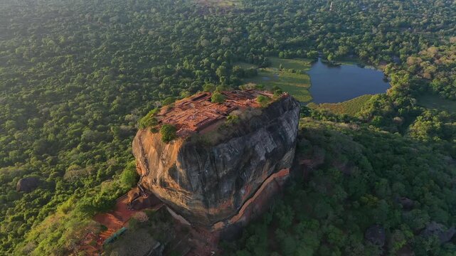 Aerial view of Sigiriya Rock Fortress rising above tropical forest, Sri Lanka