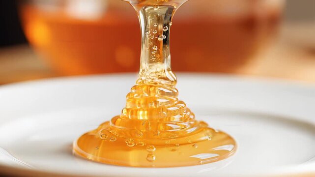 Golden honey drizzling from a wooden dipper onto a white plate