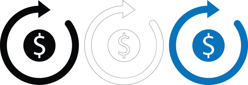 Dollar coin with circular arrow vector illustration for recurring payment and cashback financial icon.