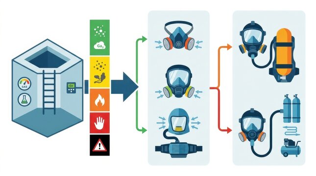 The diagram illustrates safety procedures for entering manholes, including equipment types and hazard indicators for safe access