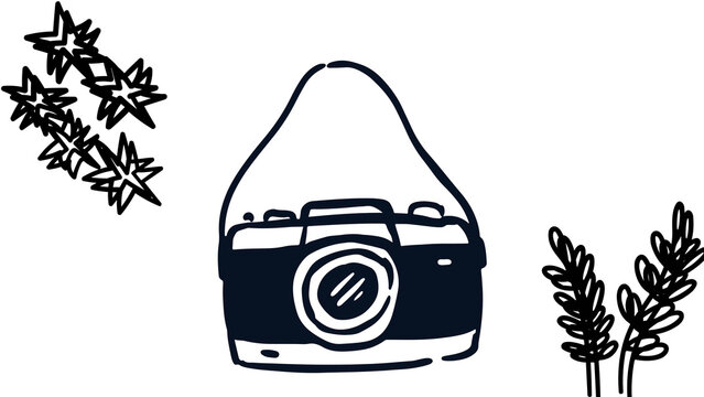 vintage photo camera doodle with strap, star sparkles, and botanical leaves, minimalist sketch illustration