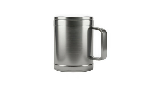 Silver metal travel mug with handle and lid isolated on transparent background with showcasing brushed finish modern design beverages refreshment restaurant container