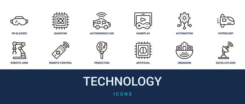Set of 12 outline web Technology icons such as satellite dish, urbanism, artificial intelligence, prediction, remote control, robotic arm, hyperloop vector icons for report, presentation, diagram,