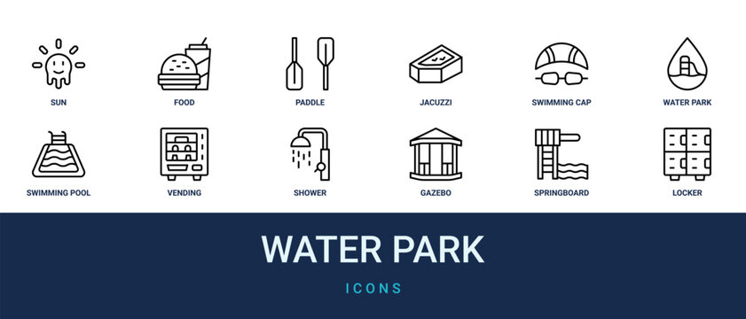 Set of 12 outline web Water Park icons such as locker, springboard, gazebo, shower, vending machine, swimming pool, water park vector icons for report, presentation, diagram, web design, mobile app