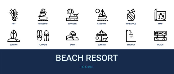Set of 12 outline web Beach Resort icons such as beach, shower, summer, sand, flippers, surfing, map vector icons for report, presentation, diagram, web design, mobile app © Felix