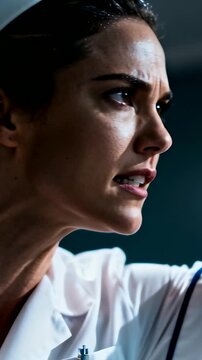 Vertical video: Tensing nurse jaw-clenching, escalating into shouting in dim ward, pen,cap visible