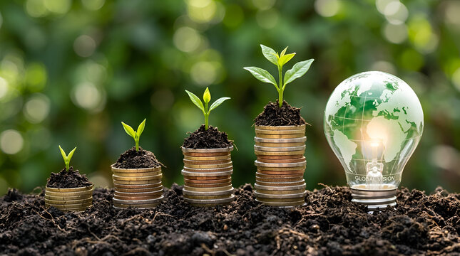Green Investment and Sustainable Growth Concept with Growing Plant Seedlings on Stacked Coins and Glowing World Map Light Bulb
