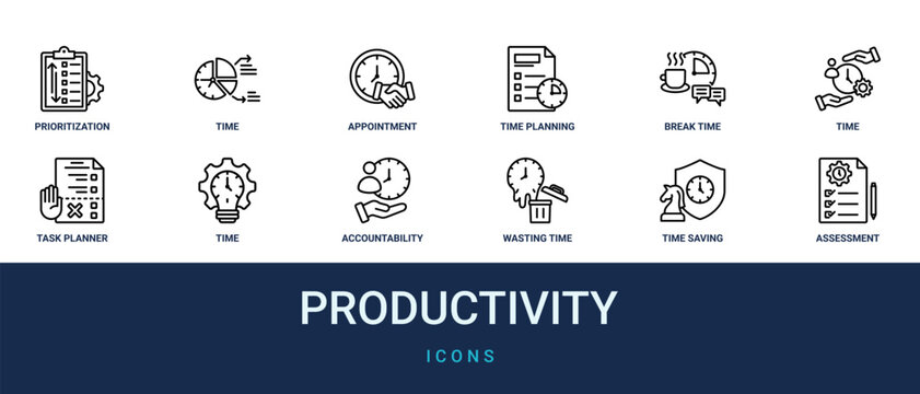 Set of 12 outline web Productivity icons such as assessment, time saving, wasting time, accountability, time management, task planner, management vector icons for report, presentation, diagram, web