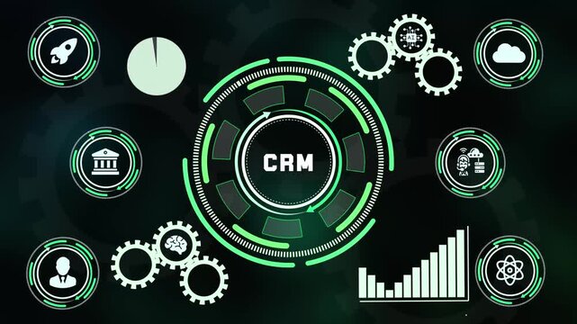 Digital CRM concept featuring futuristic Hud interface gears icons rocket bank profile ai brain server chart and atomic science elements.