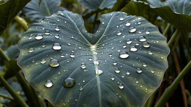 Tropical Elephant Ear Leaf with Dew Drops &ndash; Fresh Green Nature Background with Water Droplets