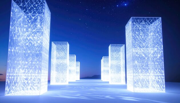 Futuristic glowing glass monoliths under a starry night sky