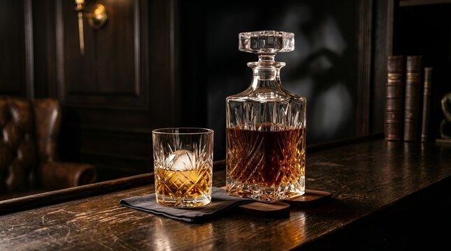 Luxury Whiskey Decanter & Glass with Ice on Bar