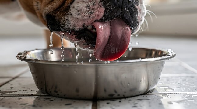 A close up of a dog drinking water from a metal bowl.