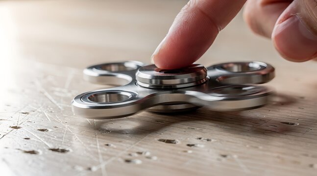 A close up view of a person spinning a metallic fidget spinner toy.