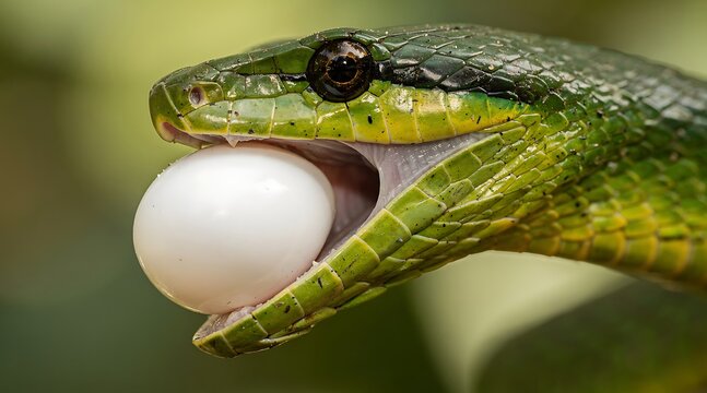 A close up view of a green snake swallowing a bird egg.