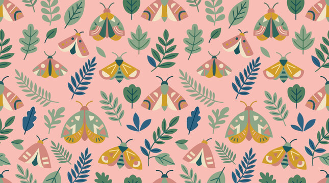 Vibrant whimsical pattern featuring colorful tents and lush greenery on pink background