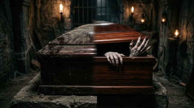 Vampire Hands Emerging from Dusty Coffin in Ancient Stone Crypt