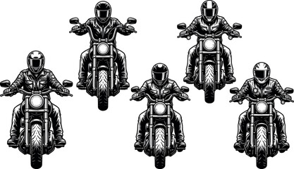 Biker Club Group Silhouette Set Featuring Motorcycle Riders Wearing Helmets and Leather Jackets Driving Choppers Cruisers for Club Logo T-Shirt and Graphic Designs © Rifat