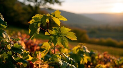 Fototapeta premium Sunlit vineyard leaves glow warmly against rolling hills at golden hour showcasing autumnal colors and tranquil rural scenery