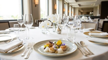 Fototapeta premium Elegant restaurant table setting with gourmet scallop dish and floral arrangement
