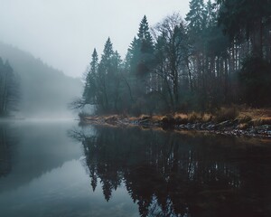 Dark academia foggy forest lake scenery misty forest landscape with pine trees reflected in calm river during cold autumn morning © naphat