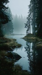 Dark academia foggy forest lake scenery serene forest lake surrounded by tall pine trees in misty morning landscape with calm water reflection © naphat
