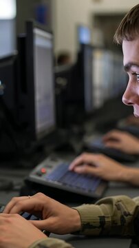 Vertical video: Typing teen student in camo top working on keyboard at computer lab, copy space