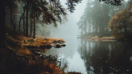 Dark academia foggy forest lake scenery misty forest landscape with calm river reflecting pine trees on quiet autumn morning in wilderness © naphat