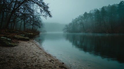 Dark academia foggy forest lake scenery misty river landscape with calm water and dense forest trees on moody overcast morning in autumn © naphat