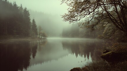 Dark academia foggy forest lake scenery misty forest lake with calm water and evergreen trees in serene moody autumn landscape © naphat