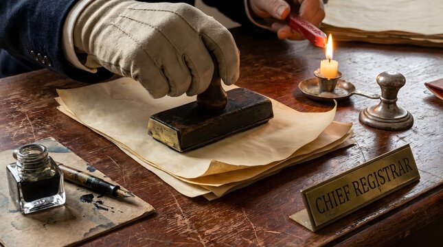 Chief Registrar in white gloves pressing a stamp onto old documents near a burning candle and inkwell on a vintage wooden desk.