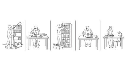 Library scenes with people line drawing illustration on a white background © MSTSHAMPA
