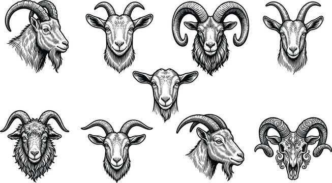 Goat head portraits ram horns and animal skull vintage engraving style vector emblem illustration collection set