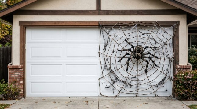 Spooky Halloween Garage Door Decoration with Giant Spider and Web