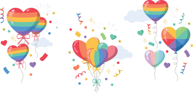 Rainbow pride heart balloons vector set with colorful confetti and streamers isolated on a clean white background