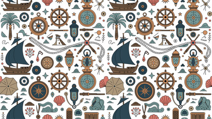 Vintage nautical seamless pattern vector background featuring pirate ships compasses steering wheels and anchors on white backdrop © Monirul