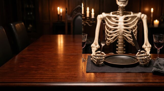 Spooky Skeleton Guest Prepares for Dinner at Dark Wooden Table