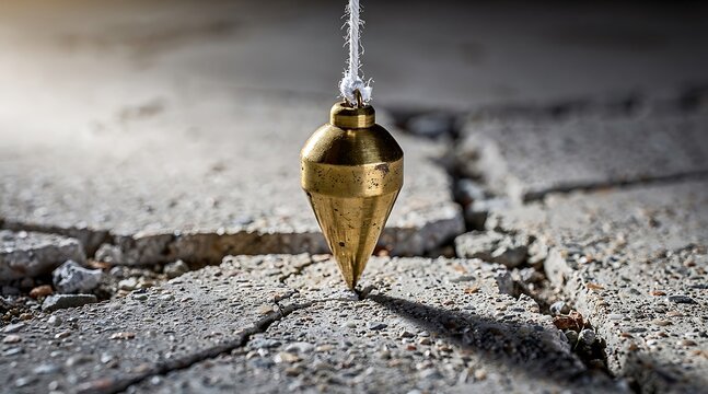 Brass plumb bob hanging over a cracked concrete surface.