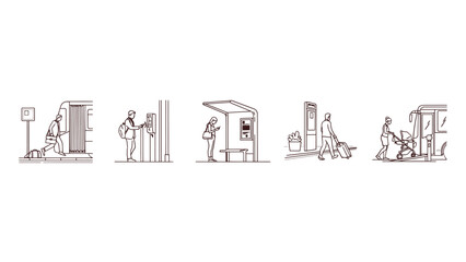 Obraz premium Travel sequence illustration line art depiction of people at transit stations