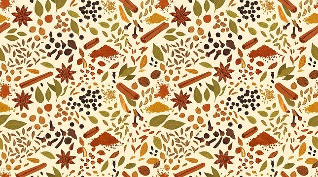 Seamless pattern of various aromatic spices and dried herbs
