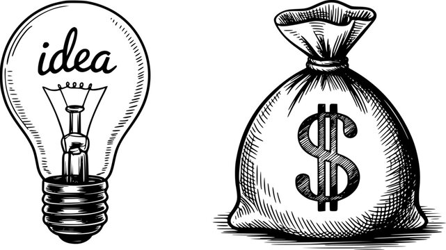 「idea」という言葉が入った電球とドル記号のついたお金の袋の手描き図