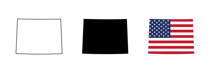 Fototapeta premium Wyoming state outline, silhouette and American flag icon set